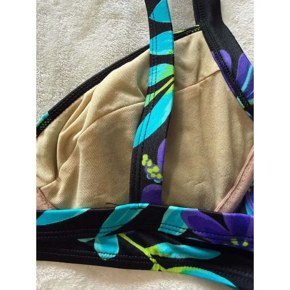 VTG NWT Catalina Floral Bikini Set Black Blue Tropical High Waist Size M/1X (XL)